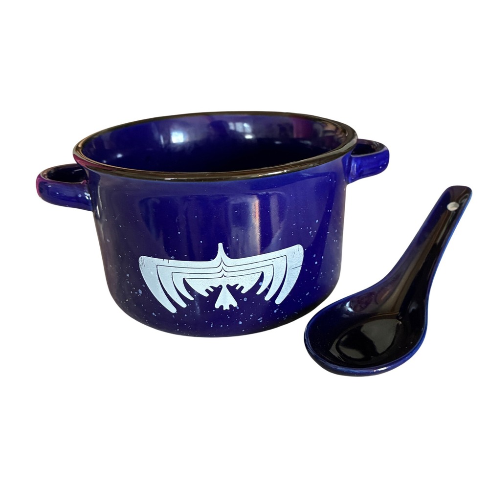 Thunderbird Asian Inspired Soup Bowl Spoon Set Cobalt Blue Speckled Ceramic